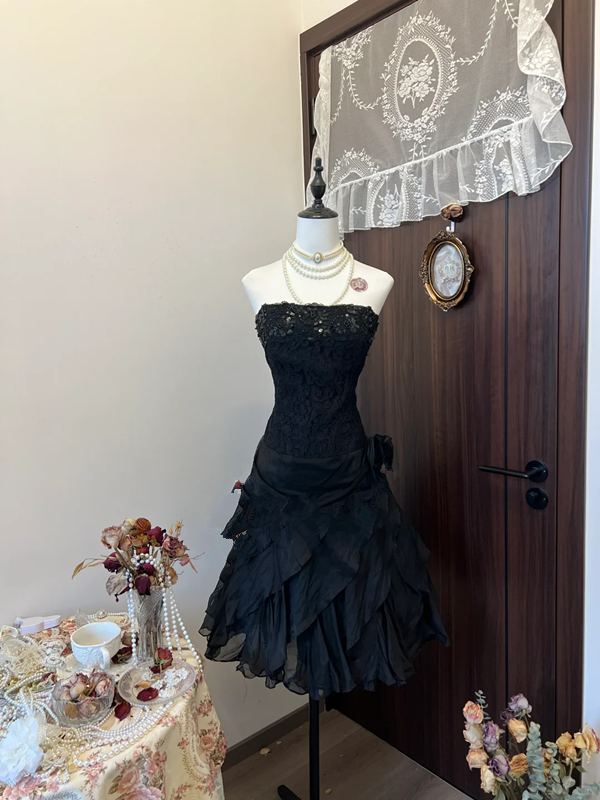 Black strapless lace waist slim A-line asymmetrical skirt elegant mid-length skirt homecoming dress R4293