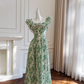 Green floral square neck slim waist long dress homecoming dress R5102