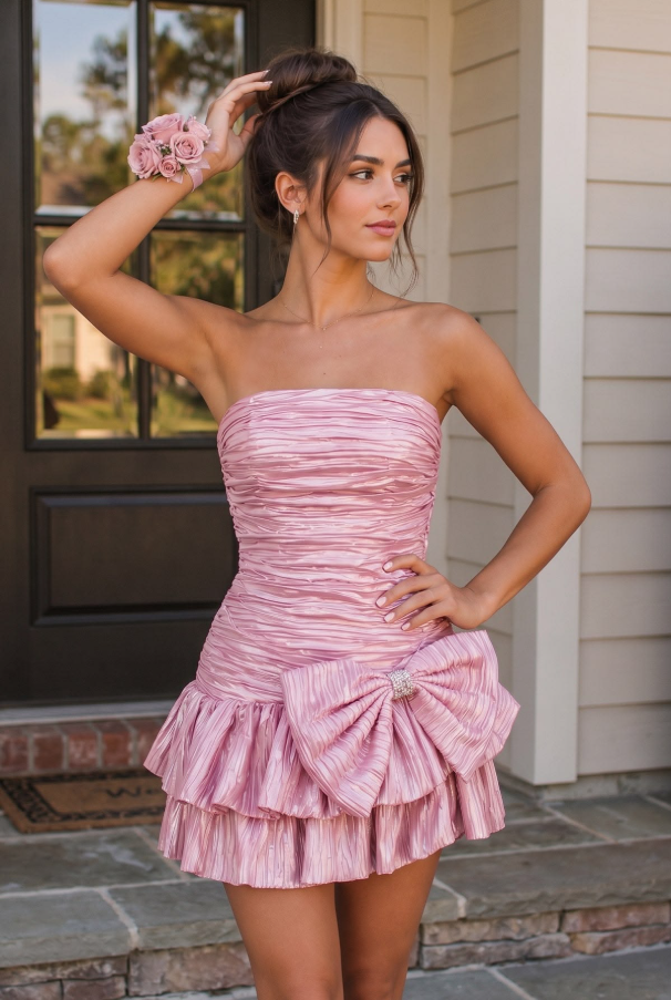 Sparkly Ruffled Pleated Women's Homecoming Dress Pink Corset Short Prom Dress Party Dress RS2615