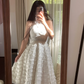 White halter neck, fitted waist, slim-fitting, full princess skirt, mid-length ball gown R7749