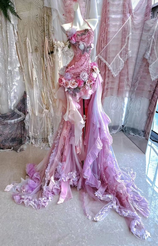 Purple halter neck, slim waist, three-dimensional flower sexy short skirt with trailing skirt, prom dress R5317