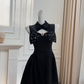 Black sleeveless mandarin neckline waisted A-line mini dress for homecoming R5204