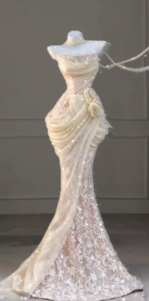 Apricot Strapless Fitted-Waist Ruched Lace Sexy Hip-Hugging Prom Dress R6515