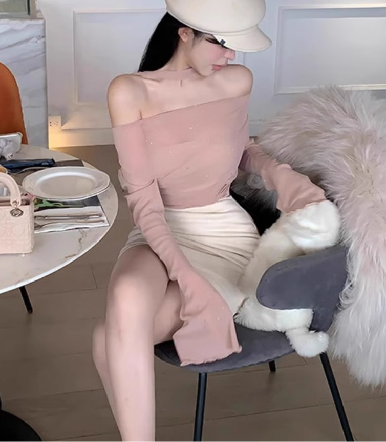 Pure desire style off-shoulder long-sleeved top 2025 plus size hot girl hip skirt suit R1170