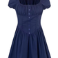 2025 Summer New Blue Square Neck Puff Sleeve Waist Slimming Short A-Line Dress R0944