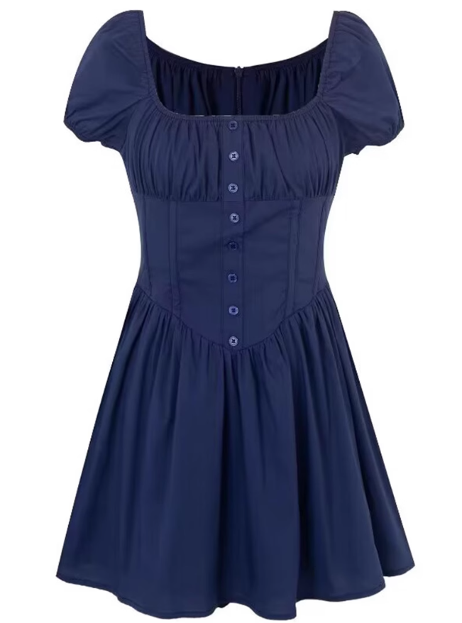 2025 Summer New Blue Square Neck Puff Sleeve Waist Slimming Short A-Line Dress R0944