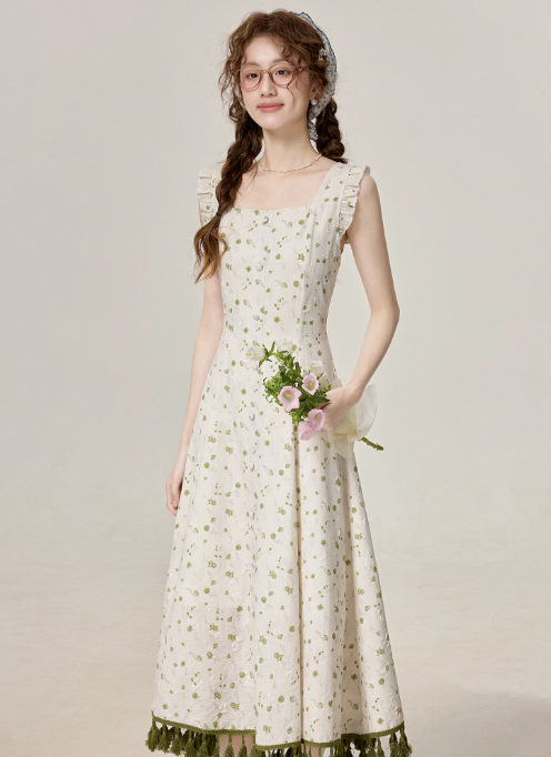 French first love green floral dress beautiful summer holiday dress R1905