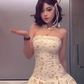 French style printed tube top dress for women with slim waist and cake-like puffy short skirt R3139