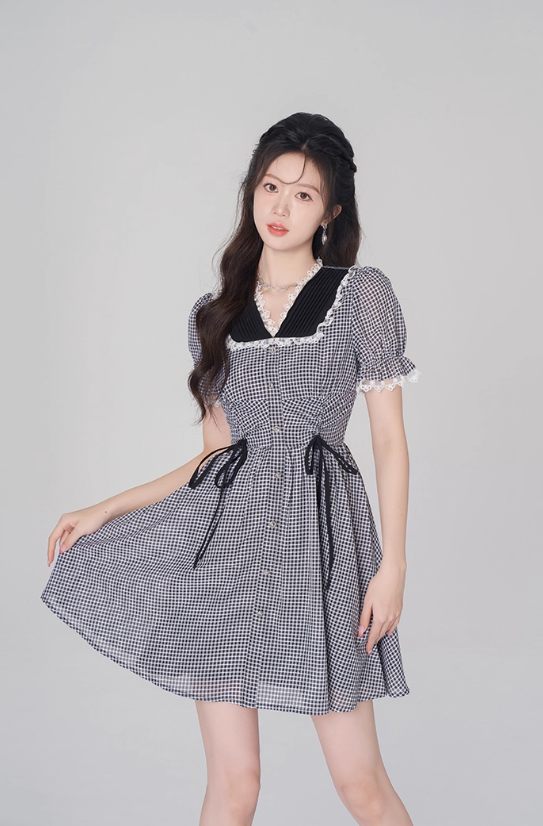 V-neck plaid dress summer tea break French skirt new style skirt niche design R4498