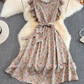 2025 Summer Gentle Style Sweet Ruffled Stand Collar Waist Slim Floral Chiffon Lotus Sleeve Dress R0408