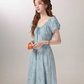 French style high-end blue floral dress summer new waist long dress R1919