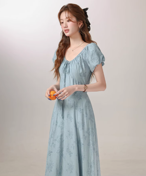 French style high-end blue floral dress summer new waist long dress R1919