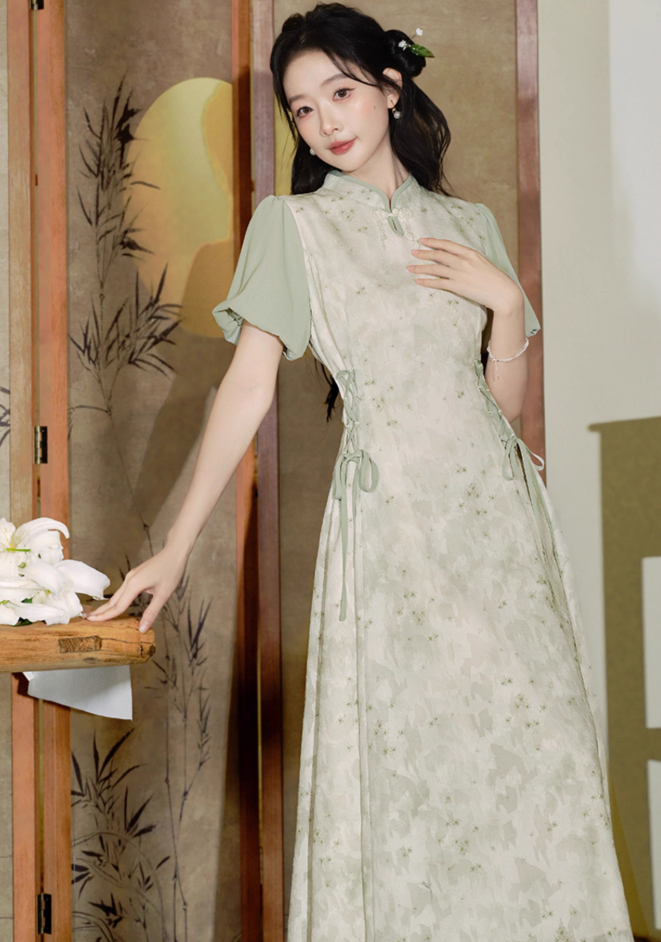 New Chinese style light national style improved cheongsam waist Zen dress R2362