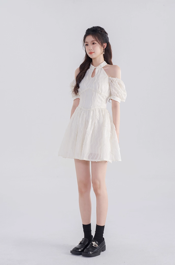 French dress new summer style beautiful temperament waist slimming white short skirt R4503