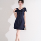 Design sense niche blue v-neck denim dress temperament French college style short skirt R4140