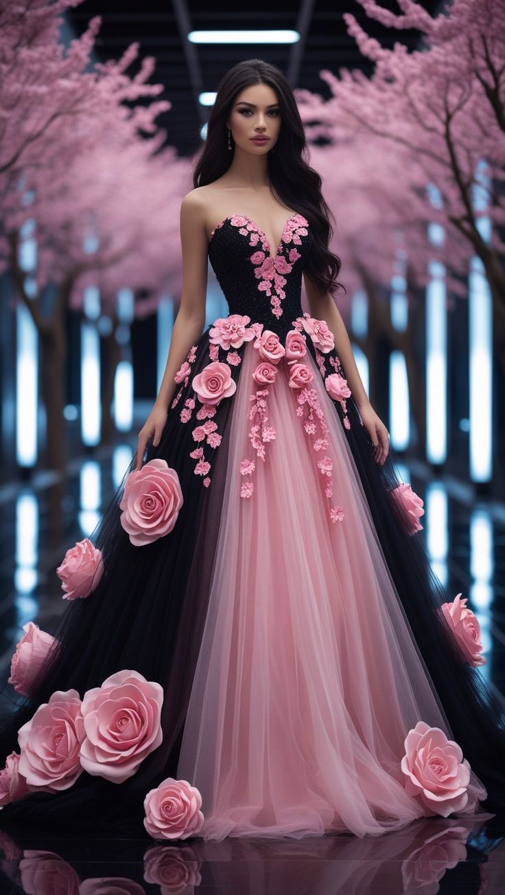 Elegant black tube top dress with three-dimensional flowers, slim waist and wide skirt, prom dress R5318