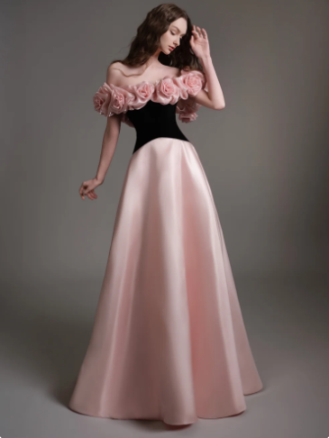 French Chic Blackpink A-Line Flower-Strapless Corset Maxi Prom Dress Evening Dress RS416