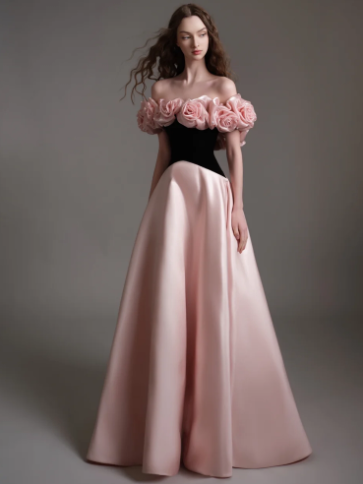 French Chic Blackpink A-Line Flower-Strapless Corset Maxi Prom Dress Evening Dress RS416