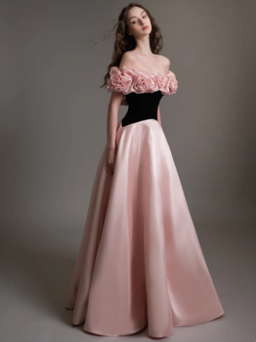 French Chic Blackpink A-Line Flower-Strapless Corset Maxi Prom Dress Evening Dress RS416