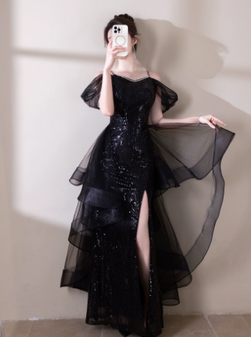 Elegant Black Sequin A-Line Spaghetti Straps Maxi Prom Dress Evening Dress RS417