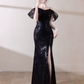 Elegant Black Sequin A-Line Spaghetti Straps Maxi Prom Dress Evening Dress RS417