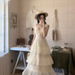French retro V-neck ruffled cake skirt sleeveless gentle style holiday long skirt R4298