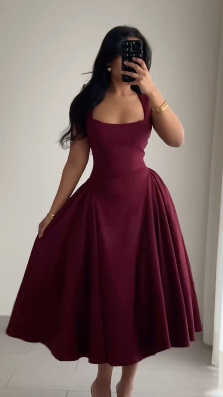 Dark red suspenders waist slim fit A-line sexy dignified long skirt homecoming dress R3923