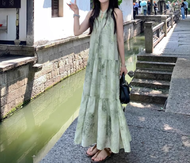 Ink painting halter neck dress seaside holiday style retro cool temperament skirt R0765