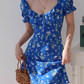 Klein blue floral slim fit versatile puff sleeve dress waist short skirt R2857