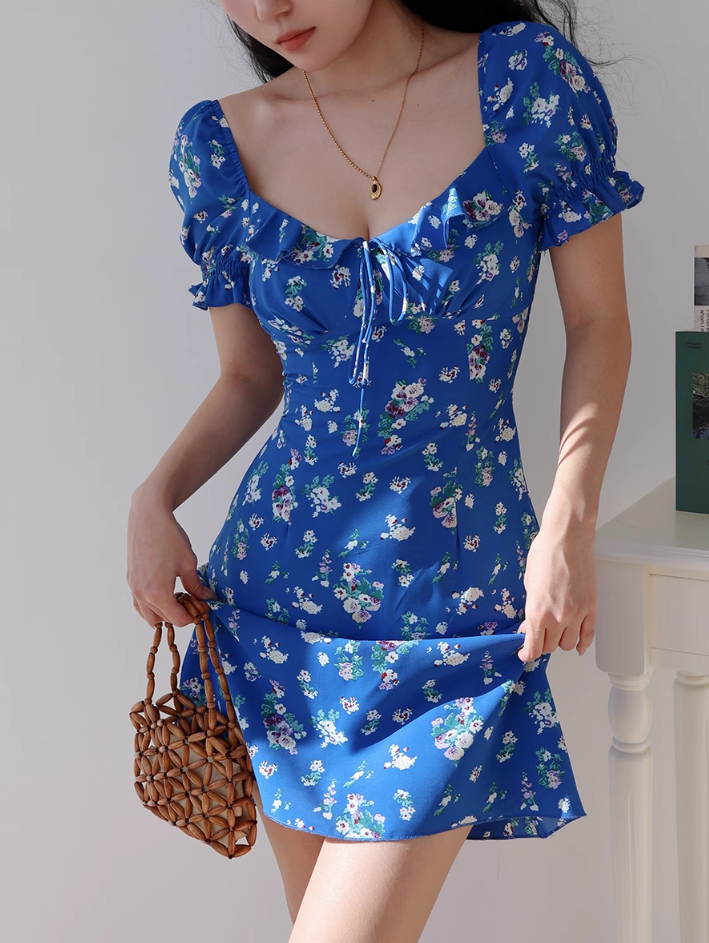 Klein blue floral slim fit versatile puff sleeve dress waist short skirt R2857