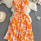 High-end, light luxury temperament flying sleeves V-neck waist slimming A-line ruffled printed dress R0353