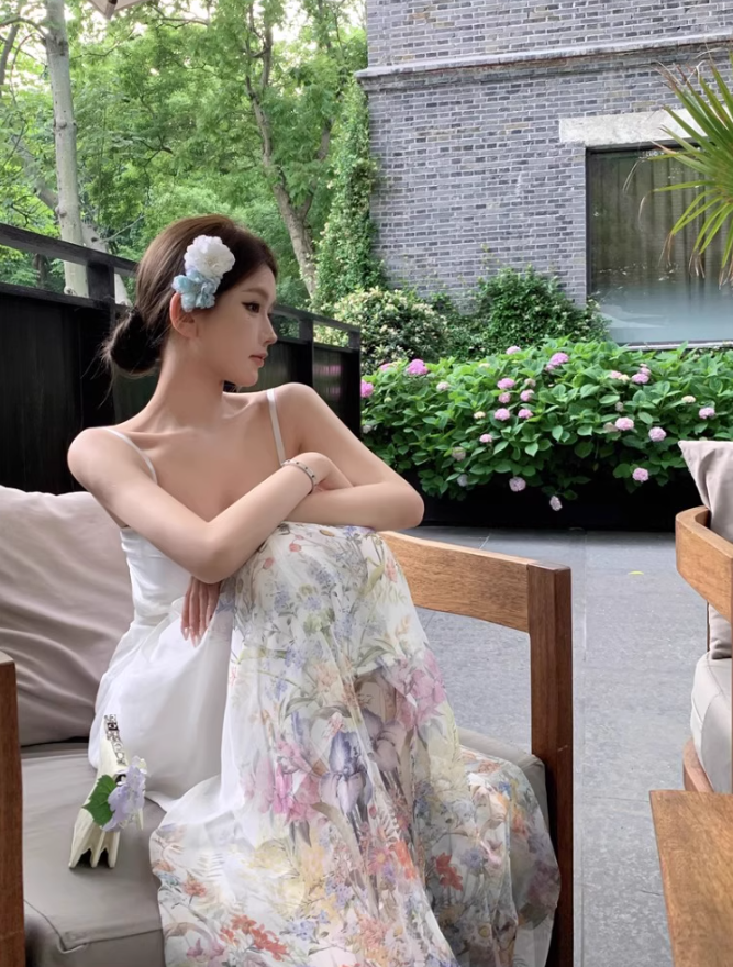 Sexy tube top suspender dress temperament floral long skirt R0542