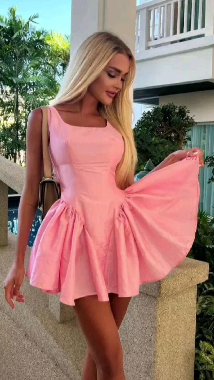 Pink suspenders sexy cute charming waist slim short skirt homecoming dress R3615
