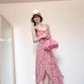 Tea break French pink suspender floral dress seaside vacation unique waist temperament long dress R0422
