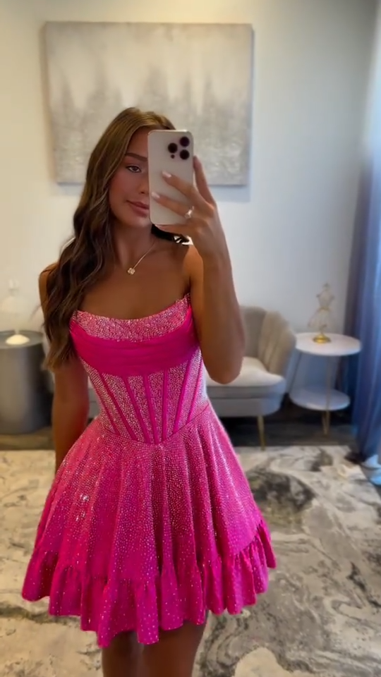 Rose Red Strapless Waisted Fishbone Sexy Short Skirt Homecoming Dress R5564