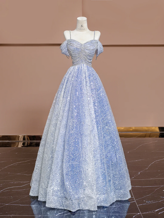 Light blue halter-neck off-the-shoulder fitted long ball gown, bridal dress R8363