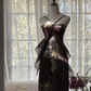 Black halter-neck, fitted waist, bodycon ball gown R6556
