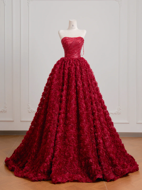Red strapless, fitted waist, full-skirted, rose-patterned long elegant ball gown/bridal dress R8220