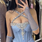 Blue halter neck slim waist hip sexy design short skirt homecoming dress R5485