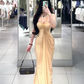 Apricot halter neck sexy fitted waist long ball gown R7902