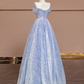 Light blue halter-neck off-the-shoulder fitted long ball gown, bridal dress R8363
