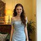 Light blue off-the-shoulder rhinestone-embellished fitted mermaid skirt elegant ball gown R8608