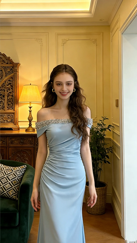 Light blue off-the-shoulder rhinestone-embellished fitted mermaid skirt elegant ball gown R8608