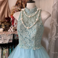 Light blue sleeveless lace bodice and fluffy short skirt, a ball gown R6276