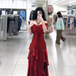 Red off-shoulder fitted waist slim-fitting tiered skirt long ball gown R7782