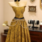 Golden strapless waist-cinching sexy long elegant prom dress R7942