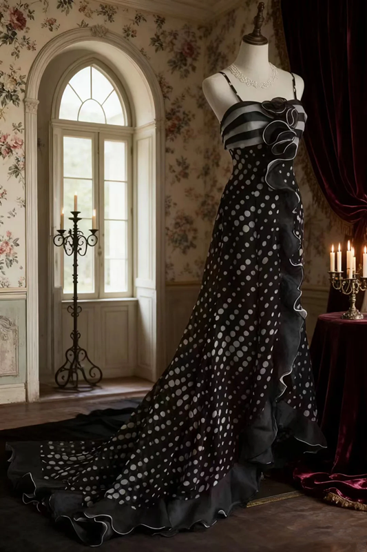 Black polka dot padded waist fitted long ball gown R6716