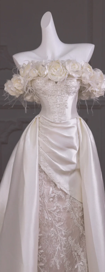 White one-shoulder flower waist slim sexy satin long dress bridal gown R5763