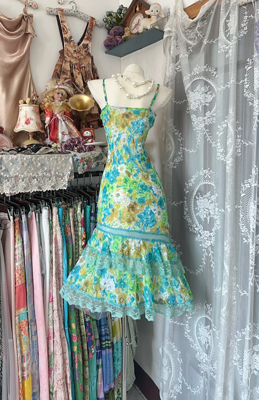 Light green suspender floral waist slim fit cute sexy skirt prom dress R6156