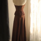 Brown strapless, fitted waist, pleated, straight long ball gown R6795
